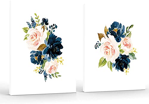 PUYIQARE Plants Flower Prints Wall Art Watercolor Blue Flower Art Print Navy Blush Pink Watercolor Floral Canvas Wall Art Boho Girls Nursery Wall Decor for Nursery Decor Wrapped Canvas