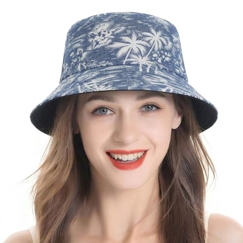ZLYC Printed Bucket Hat for Women Men Packable Summer Hat,Palm Tree Blue