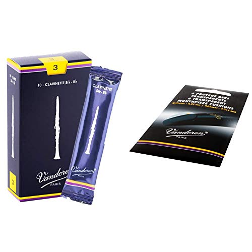 Vandoren CR103 Bb Clarinet Traditional Reeds Strength 3; Box of 10 & VMC6 Mouthpiece Cushions; Clear; Thin; 0.35mm/.014