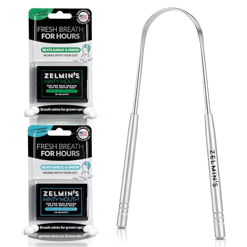 Zelmin's Flavor Duo Fresh Breath Starter Kit - Peppermint and Spearmint Breath Freshening Capsules (1 Pack Each) + Tongue Scraper for Daily Confidence