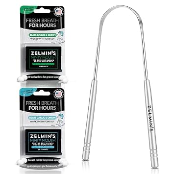 Zelmins Flavor Duo Fresh Breath Starter Kit - Peppermint and Spearmint Breath Freshening Capsules 1 Pack Each + Tongue Scraper for Daily Confidence