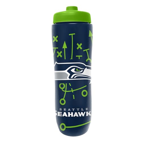 Image of Party Animal NFL Football Squeeze Bottle, 32 oz, Seattle Seahawks | Slim, lightweight BPA-free sports water bottle with quick-flow squeeze; fits backpacks & cup holders for kids or adults
