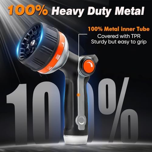 BIBURY Garden Hose Nozzle Sprayer, Heavy Duty Metal Spray Nozzle with 10 Spray Patterns, High Pressure Hand Sprayer with Thumb Control On Off Valve for Watering Plants, Lawns, Car & Pet Washing - Thumbnail 5