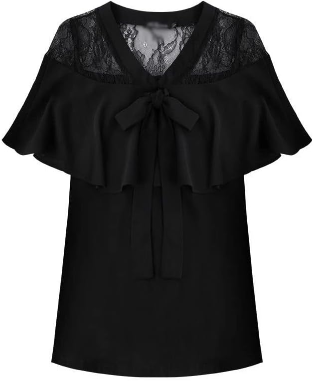 SHYPYG Vネック バタフライスリーブ レーススプライシング シフォン トップス ゆったり 半袖 レディース 大きいサイズ カジ