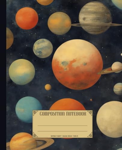 Composition Notebook. Vintage planets: Cosmic space cosmology cover. Aesthetic retro sci fi journal for school or college.