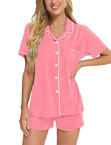 Image of SWOMOG Womens Button Down Pajamas Set Short Sleeve Sleepwear Bride Soft Pj Lounge Sets XS-3XL