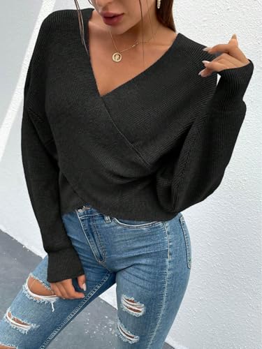 Image of ZAFUL Women's V Neck Cable Knit Sweater Long Sleeve Ribbed Crop Tops Wrap Surplice Solid Casual Pullover Jumper