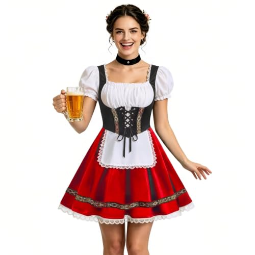 HAPNBCELE Women Oktoberfest Costume Bavarian Dirndl Dress (Red, M)