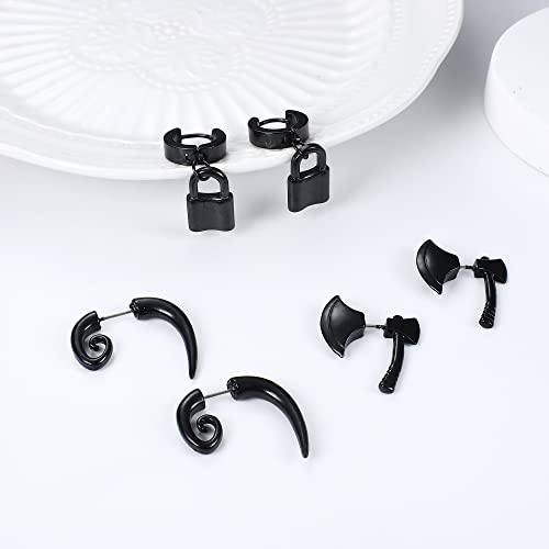 Florideco 16 Pairs Stainless Steel Y2K Punk Earrings Black For Men Women Mens Earrings Skull Cool Emo Goth Chains Jewelry Piercing Dangle Hoop Earrings Stud Set #TOP4