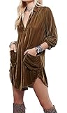 R.Vivimos Womens Velvet Long Sleeve Pocket Casual Mini Shirt Dress (Small, Brown)