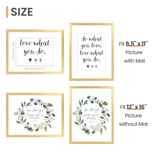 Image of upsimples 12x16 Picture Frame, Display Pictures 8.5x11 with Mat or 12x16 Without Mat, Wall Hanging Photo Frame, Gold, 1 Pack