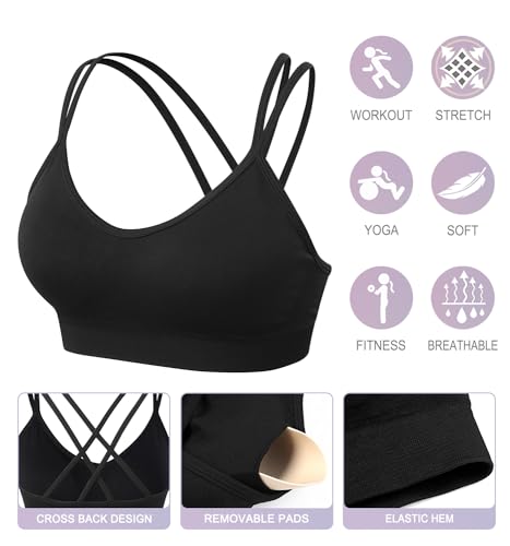 Image of VEQKING Strappy Cross Back Women Sports Bra Pack for Medium Support Workout | Removable Padded Cups, Spaghetti Strap, Comfort Seamless Wirefree, Soft Breathable Fabric, for Gym /Yoga /Pilates /Walking /Daily
