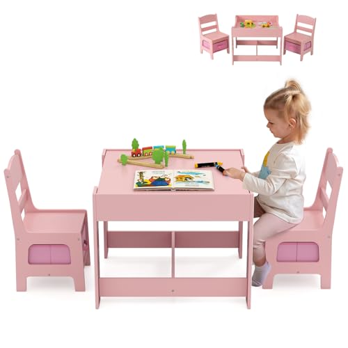 Image of LDAILY Kids Table and Chair, 3 in 1 Wooden Kids Table with Storage Drawer, Removable Blackboard, Reversible Tabletop, Toddler Table and Chair Set for Drawing, Reading (Pink)
