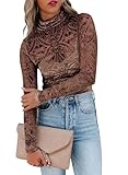 miduo Womens 2025 Fashion Velvet Burnout Mesh Top Cowl Neck Long Sleeve See Through Shirt Blouses Tops Brown XL