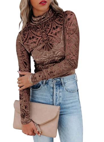 miduo Womens 2025 Fashion Velvet Burnout Mesh Top Cowl Neck Long Sleeve Sheer Velvet Shirt Blouses Tops Brown L