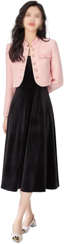 Small Fragrant Wind Slim Short Coat+Velvet · Strap Dress Two Piece Set
