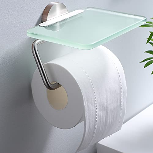 RUICER Soporte para papel higiénico con estante de cristal mate, soporte para papel higiénico de acero inoxidable, montaje en pared, soporte para rollo decorativo para baño Cover