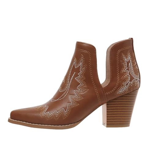 Image of SelRoys Cowboy Boots for Women Cowgirl Ankle Western Embroidered Stitched Pointed Toe Cutout Chunky Heels Short Booties Red Brown Black US5-11