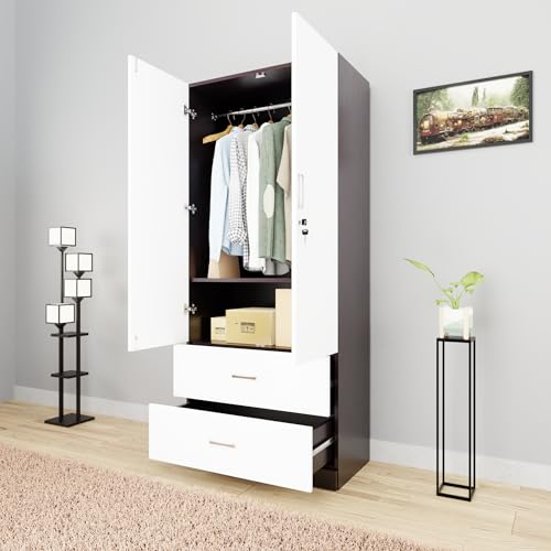 Image of VIKI Wardrobe | Wooden Almirah for Clothes,Door for Bedroom, 2 Door Wardrobe with Drawer & Hanging Space (Dark Wenge, Frosty White - 40D x 80W x 180H) | 1 Year Warranty | Free Assembly