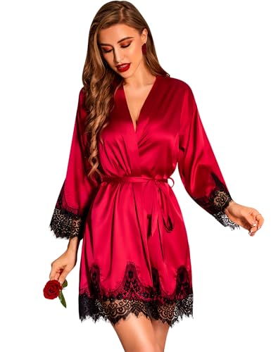 RSLOVE Albornoz de satén para mujer Bata de seda para novia/dama de honor Kimono con adornos de encaje Vino Rojo X-Large