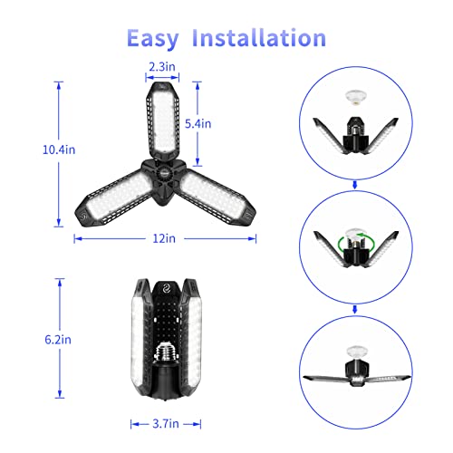 Garage Light - Led Garage Light - 3 Panel Garage Led Light 60W 8000 Lm 6500K Garage Lights Ceiling Led,3 Leaf Deformable Multi-Position Panels Garage Lights E26 E27 Base,For Barn,Workshop,Basement #TOP7