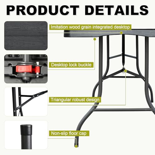FROASISPRO 8ft Folding Table, Portable Heavy Duty Plastic Fold-in-Half Utility Table for Indoor/Outdoor Use, Dining, Camping, Picnic, Party, Black Woodgrain by FROASISPRO - Used condition - Image 6