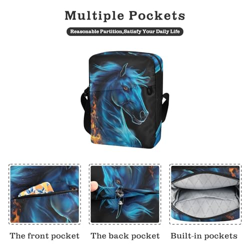 Crossbody Bag Blue Fire Flame Horse Messenger Bag for Women Men Purse Shoulder Bag Satchel Bag with Adjustable Strap 202b41852