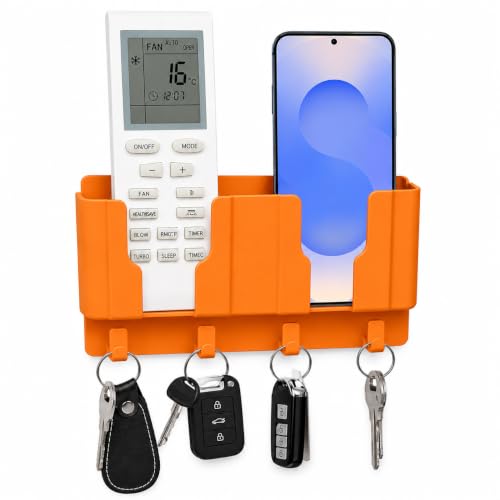 Image of CERLINK Wall Mounted Mobile Holder for Phone & TV Remote | ABS Storage Organizer with 2 Compartments, 2 Key Hooks and Strong Self-Adhesive No-Drill Installation (Orange)