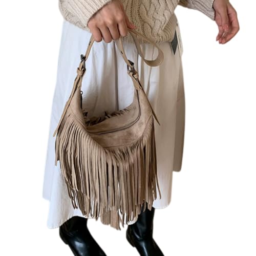 Image of Women Vintage Suede Fringe Hobo Bag Tote Shoulder Bag Crossbody Bag and Hippie Western Cowgirl Purse Shoulder Bag