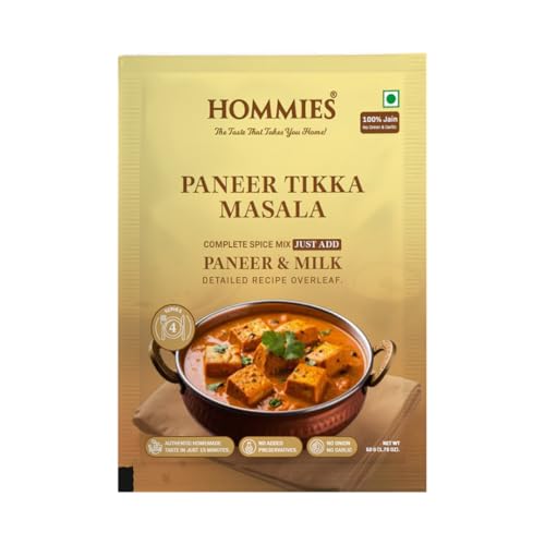 Image of Hommies Dhaba Style Jain Paneer Tikka Masala Curry Spice Mix | No Onion No Garlic | Ready to Cook in 15 Mins | Just Add Paneer & Milk | Authentic Jain Curry Masala | Serves 4 | No Preservatives | Pack of 4 (200g, 50g Each)