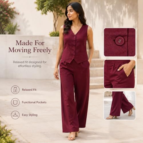 Image of Women Cotton Blend Western Co-Ord Set | Stylish Top & Pant Set for Women | Dress For Womens | Casual High Waist Solid Pant Outfit