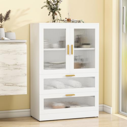 Bathroom Floor Storage Cabinet Freestanding Organizer with Acrylic Doors for Bathroom, Home Office, Bedside, Sofa Side Table White 2 Doors & 2 Drawers