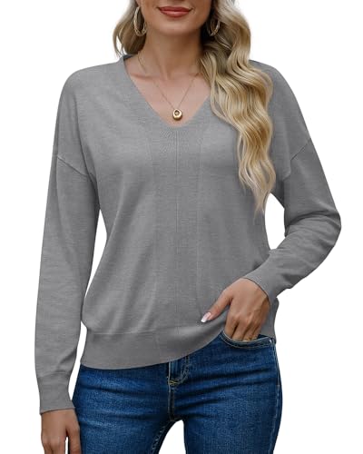 PrinStory Women'S V Neck Jumpers Knit Winter Warm Sweatshirts Long Sleeve Tops Soft Classic Sweater For Ladies (Light Grey, XXL)