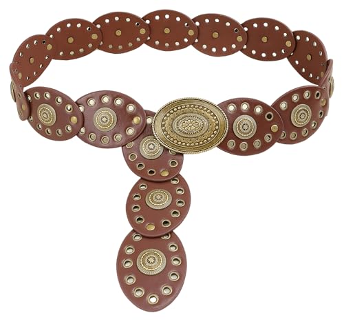 Western-Wide-Disc-Cowboy-Belt for Women - Vintage Oval Cowgirl-Boho-PU-Leather-Belt for Dress Jeans