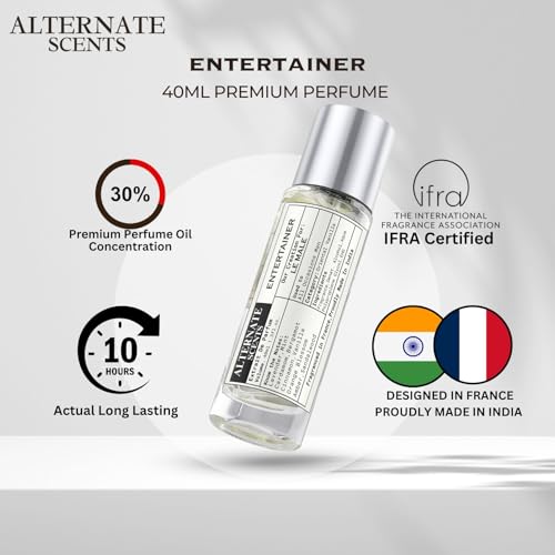 Image of Alternate Scents ENTERTAINER 40ml Long Lasting Perfume For Men |Strong& long Lasting with 30% Oil Concentration|| Fresh Spicy Vanilla| Fragrance From France | Made In India|