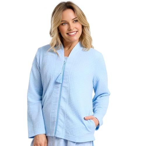INSIGNIA Ladies Bed Jacket Waffle Tradional Summer Short Dressing Gowns Tops ZIP UP (UK Alpha XL Regular Regular Delph Blue)
