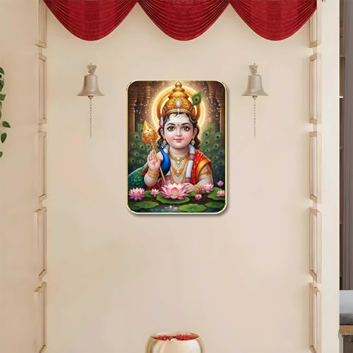 Image of SAF Lord Murugan Kartikeya Wall Art with Table Top Stand & Wall Hanging Hole | Bal Murugan MDF Religious Painting for Home Mandir Pooja Room Decor