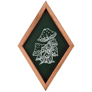 Lenkyin Dark Green Mushroom Decor Farmhouse Home Wall Decor, Wood Diamond Frame Mushroom Wall Art, Mushroom Kitchen Decor for Living Room Bedroom office