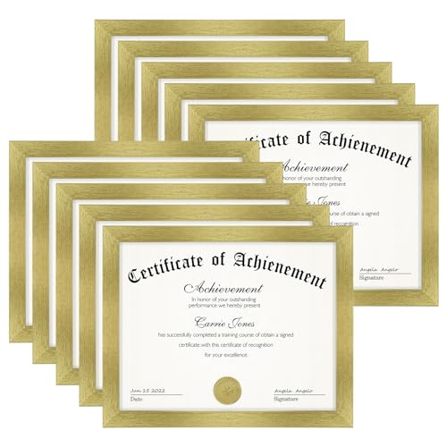 Frametory 8.5x11 Diploma Frame with Glass, Gold, 10 Pack