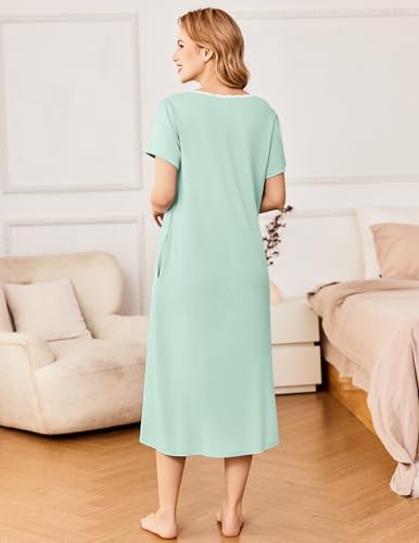 Image of Ekouaer Long Nightgowns for Women Short Sleeve House Dress with Pockets | Soft Vintage Victorian Sleepdress Moo Moo Nightgown Pleated Front Button Sleepwear Mumu Dress Loungwear Lace Nightdress