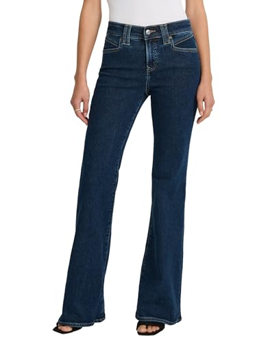 EXPRESS Women’s Hyper Sculpt ’70s Flare Jeans – Mid Rise Stretch Denim, Body-Contouring – Dark Wash