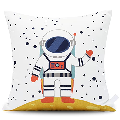 Image of Melody Art Double-Side Personalizable Embroidery Astronaut Mars Stars Space Themed White Celestial Pillow Throw Cover 18"x18" with Quote Dream Big for Nursery Boy Girl Teen Kids Room Bed Decoration