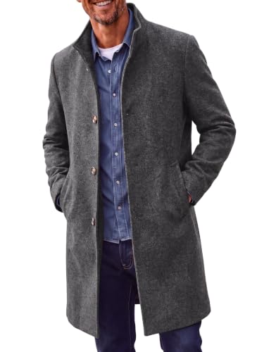 Image of Runcati Mens Pea Coat Single Breasted Stand Collar Winter Trench Coat