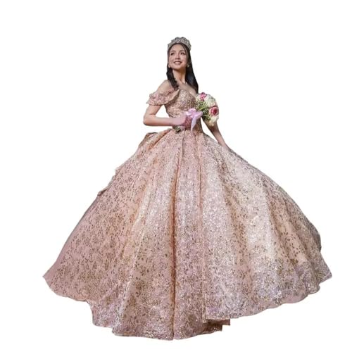 Sparkly Big Bow Sweet 15 Dresses Quinceanera Rose Gold Sequins Tulle Off The Shoulder Prom Graduation Dress 2025