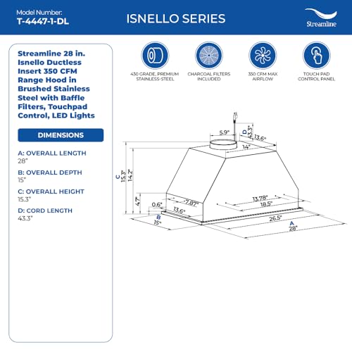 Streamline 28 in. Isnello Ductless Insert 350 CFM Range Hood in Brushed Stainless Steel with Baffle Filters, Touchpad Control, LED Lights