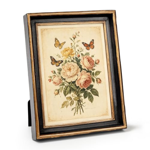 AELS 5x7 Inch Vintage Picture Frame, Elegant Antique Photo Frames with Glass Front, Photo Display, Tabletop Wall Hanging, Gift Ideas, Black with Gold Trim
