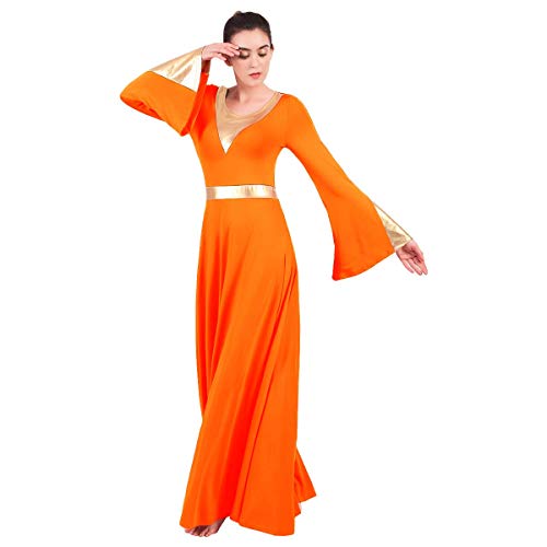 image for OwlFay Metallic Gold Bell Long Sleeve Praise Dance Dress for Women Shi
