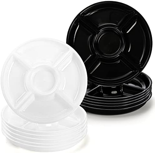Okllen 12 Pack 5 Sectional Round Plastic Serving Tray, 12" Divided Candy Nut Serving Plate, Veggie Fruit Dish Platter Appetizer Tray for Dried Fruit, Snack, Desserts, Black & White