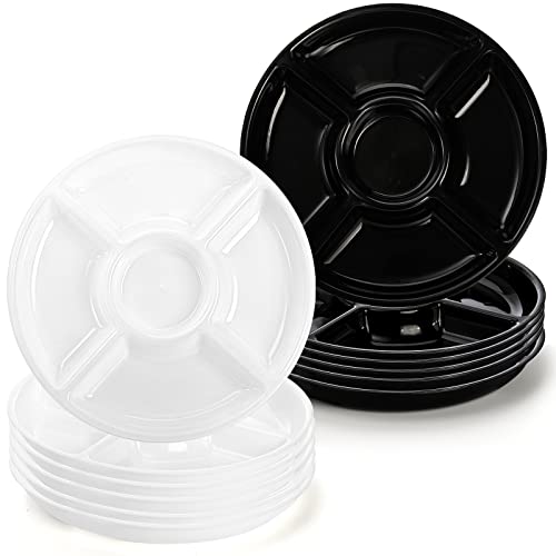 Okllen 12 Pack 5 Sectional Round Plastic Serving Tray, 12" Divided Candy Nut Serving Plate, Veggie Fruit Dish Platter Appetizer Tray For Dried Fruit, Snack, Desserts, Black & White #TOP21