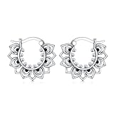 Lotus Hoop Earrings 925 Sterling Silver Double-sided Petal Snap Hook Closure Balinese Tribal Boho Ea
